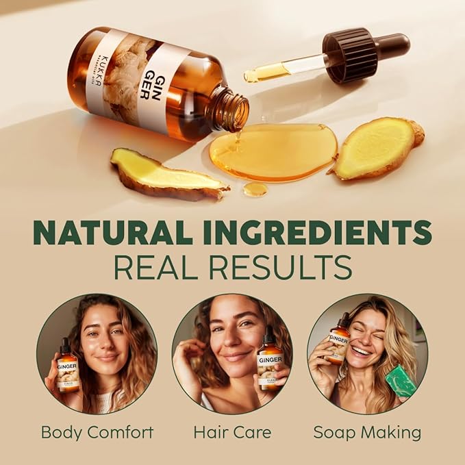 Kukka Ginger Essential Oil for Hair Skin & Massage - 4 Fl Oz - 100% Pure Natural for Soap Making Scent DIY, Spicy, Warming Scent, Nutrient Rich for More Healthy & Vibrant Lifestyle