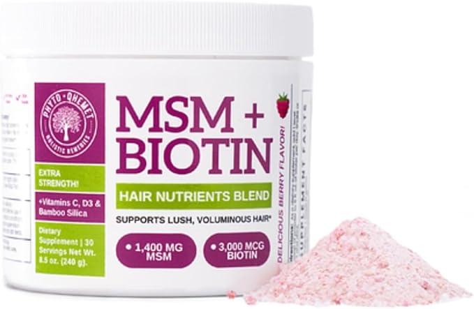 Qhemet Biologics MSM + Biotin Hair Nutrient Blend - Hair Vitamins Powder to Support Lush Volume - Bamboo Silica & Vitamins D3 + B12 for Hair Health - Jumpstart Your Rapid Hair Growth Journey (8.5 oz)