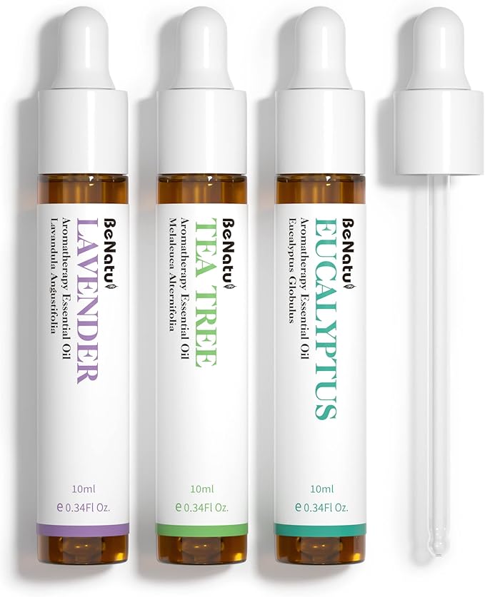 Benatu Essential Oils Set (Tea Tree Lavender Eucalyptus) for Home, Organic Relax Scent Aromatherapy Gift for Women and Men, Natural Fragrance for Skin Care, Body Topical Massage, Diffuser 3 Packs