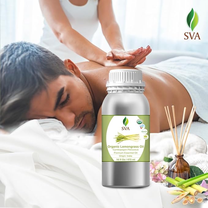 SVA Lemongrass Essential Oil Organic – 16 Fl Oz – 100% Natural Organic Lemongrass Oil for Hair, Face, Skin Care, Diffuser, Aromatherapy, Scalp, Body Massage, Soap and Candle Making