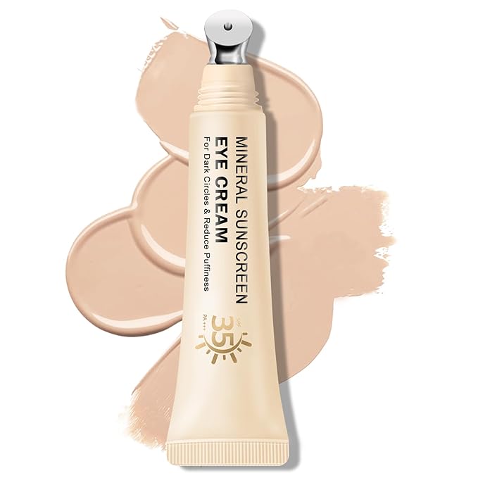 Mineral Sunscreen Eye Cream,3-in-1 Under Eye Cream,for Puffiness and Bags Under Eyes,Dark Circle and Wrinkles,Anti Aging,Under Eye Brightener and Concealer,SPF 35 （Light）
