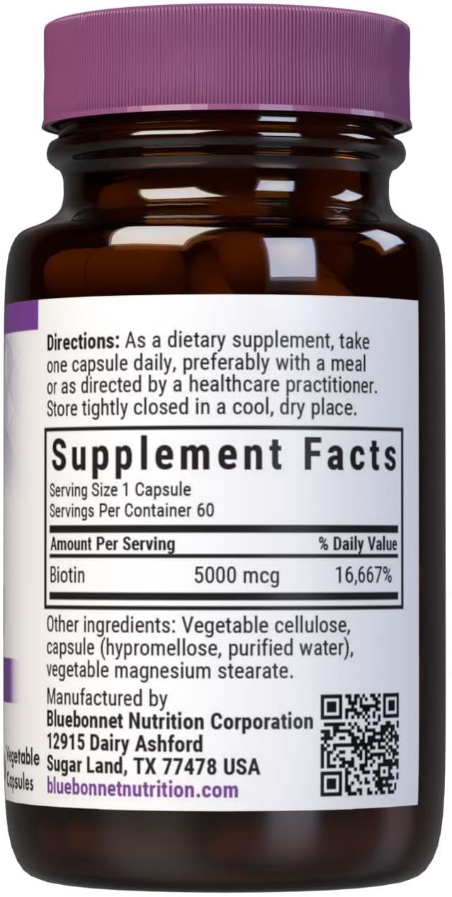 Bluebonnet Nutrition Biotin 5000 mcg, Hair & Nail Support*, Non-GMO, Vegan, Kosher Certified, Gluten-Free, Soy-Free, Dairy-Free, 60 Vegetable Capsules, 60 Servings