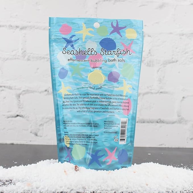 Primal Elements Detoxifying Sea Salt Soak, Bubbling Aromatherapy Salts, Seashells & Starfish, 12 oz Resealable Bag