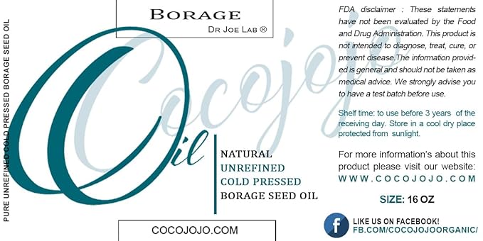 Dr Joe Lab Borage Seed Oil - Pure Cold Pressed Non-GMO High GLA PA & Hexane-Free Carrier Oil for Skin Hair Nails Body Beard Face 16 oz - All Skin Types - Packaging May Vary