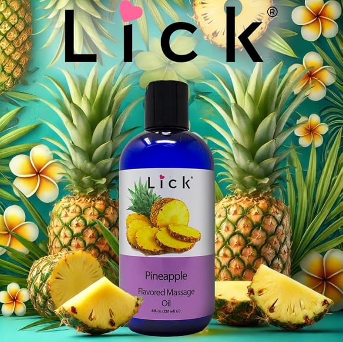Lick Pineapple Passion Flavored Massage Oil – Sweet, Tropical, Body Safe for Intimacy & Romance, 8 oz