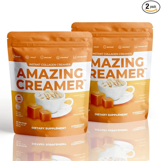 Superfoods Company Amazing Creamer with Collagen - Keto Creamer-Hyaluronic Acid & MCT Oil - Brain Boost & Curbs Cravings - Supports Healthy Skin & Hair - Diet-Friendly [60 Servings] [Salted Caramel]
