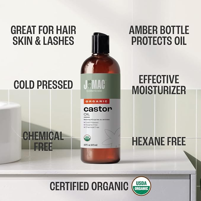 J Mac Botanicals Organic Castor Oil, Cold Pressed (32 oz) unrefined, cold pressed, hexane free for face, skin, eyelashes, pack wraps, pads
