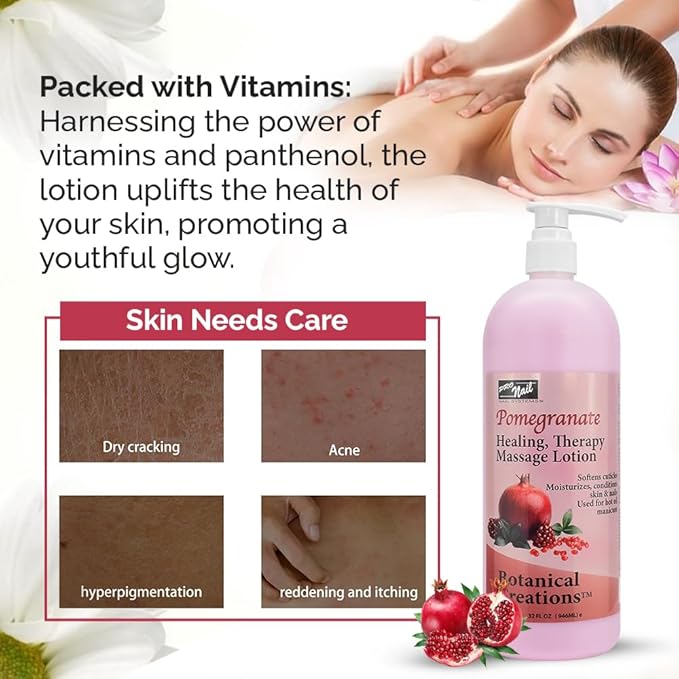 PRO NAIL - Healing Therapy Massage Lotion - Professional Pedicure, Body and Hot Oil Manicure, Infused with Natural Oils, Vitamins, Panthenol and Amino Acids (Pomegranate, 32 Oz)