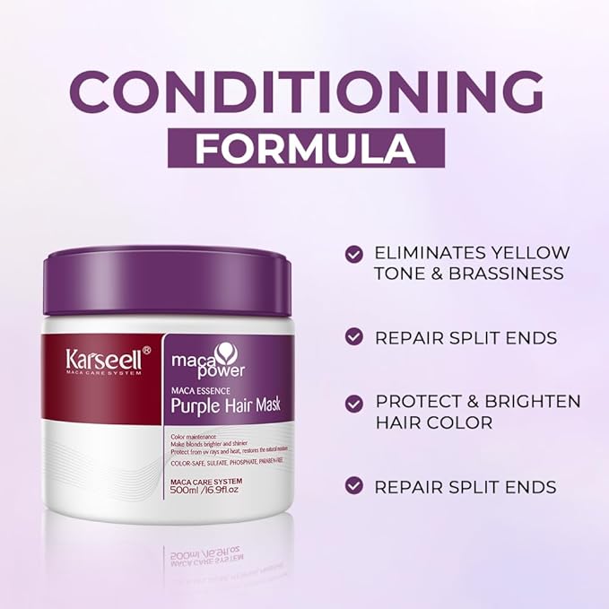 Karseell Purple Hair Mask Professional Neutralizes Brass & Yellow Tones For Blonde Silver Gray Highlighted Hair 16.90 oz 500ml