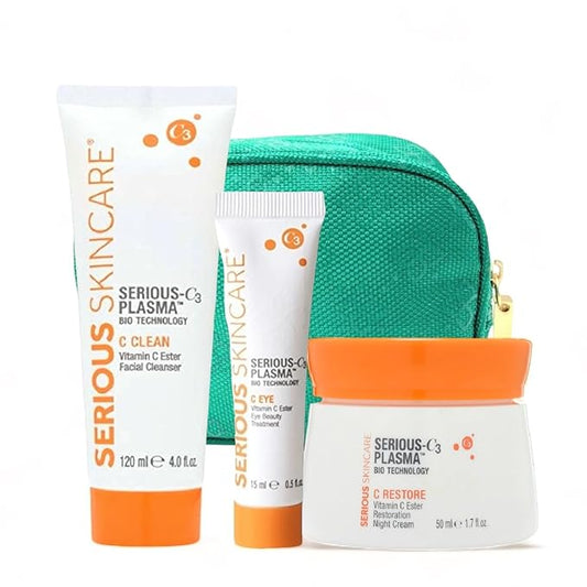 Serious Skincare Vitamin C & Collagen Skin Care Set - Reduce Wrinkles, Brightening - C-Restore Night Cream Moisturizer for Face, Eye Treatment Gel & C Clean Face Cleanser - Deep Hydration C3