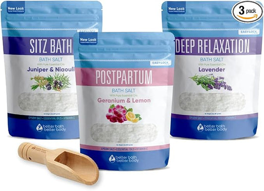 Postpartum Bath Bundle (3 Pack of 2 Lbs Total 6 Lbs with Scoop) Soothing Soaks with Sitz Salt and Deep Relaxation Bath Salt with Natural Pure Essential Oils in BPA Free Pouch Made in USA