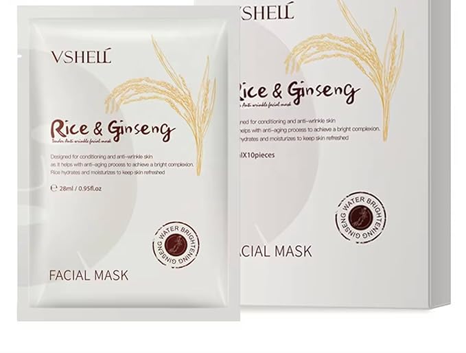 Korean Ginseng Rice Facial Mask 10 Pack Vegan with Vitamin C Korean Ingredient Brightens Skin, Mask Sheet