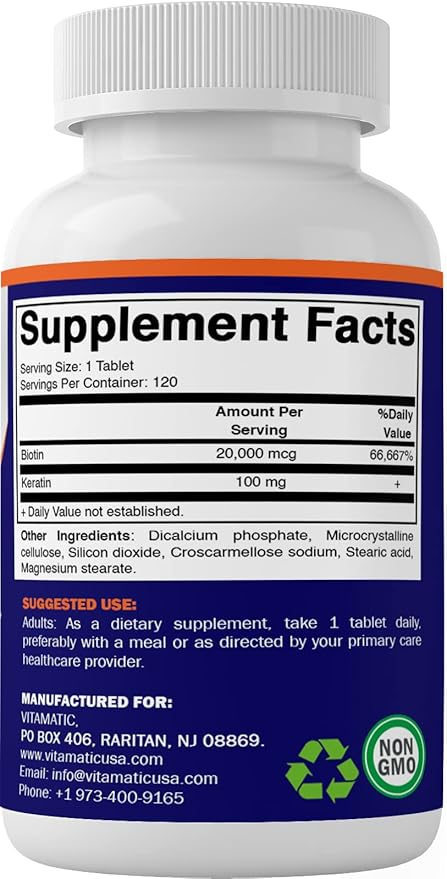 Vitamatic High Potency Biotin 20000 mcg (20mg) with Keratin 100mg - 120 Vegetarian Tablets - Biotin Supplements for Healthy Hair Skin & Nails for Adults (120 Count (Pack of 3))