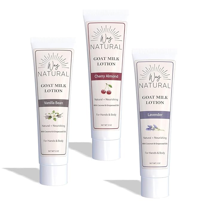 Goat Milk Lotion, Variety - Body & Hand Lotion Set - Dry Skin Relief, USA Made - Goat Milk Hand Cream for Women & Men - Lavender, Cherry Almond, Vanilla Bean - 3 (2oz) Tubes