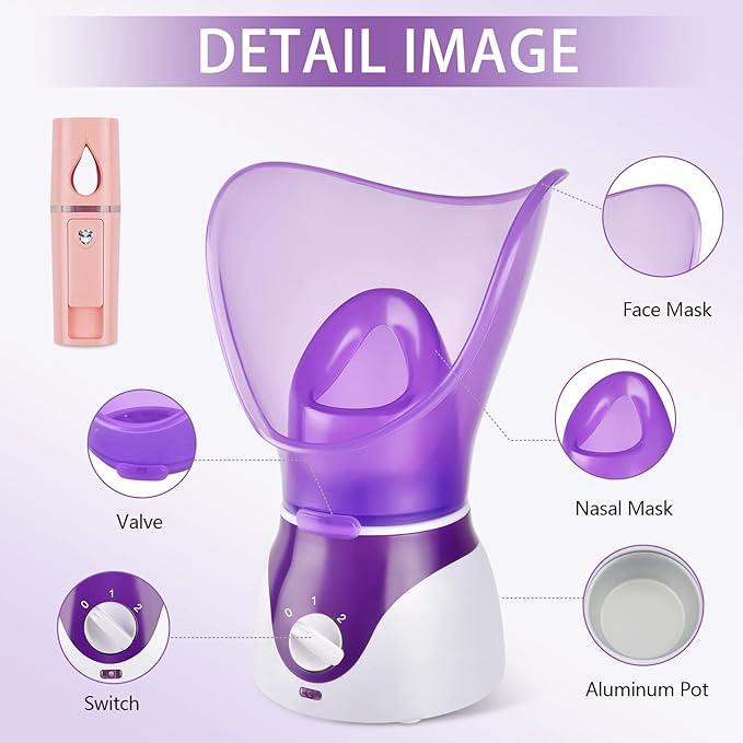 Facial Steamer - Nano Ionic Face Steamer for Deep Cleaning, Hot Mist Face Humidifier Set for Women & Men, Moisturizing Cleansing Pores with Blackhead Remover Kit, Purple