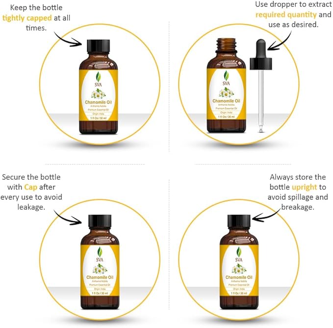 SVA Chamomile Essential Oil – 1 Fl Oz – 100% Natural Chamomile Oil - for Diffuser, Hair Care, Face, Skin Care, Aromatherapy, Scalp and Body Massage, Soap and Candle Making – with Dropper
