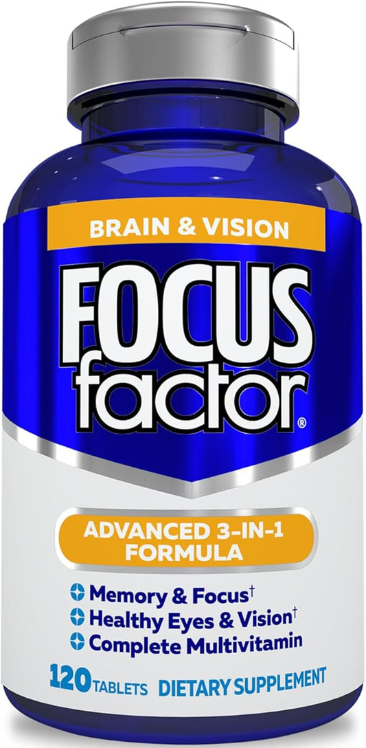 Focus Factor Adults Brain and Vision Supplement, 120 Count - Eye Vitamin, Mineral Supplement & Complete Multivitamin w/Lutein & Zeaxanthin – Brain Supplement for Focus, Concentration, Memory