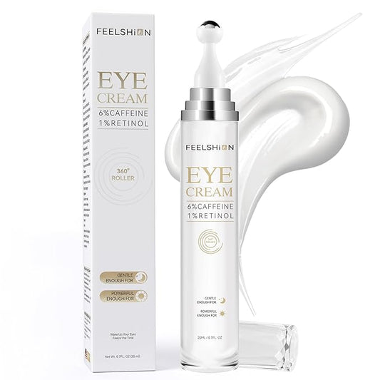 6% Caffeine + 1% Retinol Eye Cream for Dark Circles, Puffy Eyes & Bags | 360° Massage Ball for Fine Lines | Collagen & Centella | Anti-Aging Under Eye Care for Sensitive Skin Men & Women(0.7fl.oz)