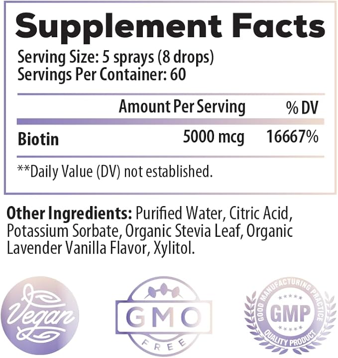 Ideal Infusion B-Bomb Lush Biotin Liquid Spray: Organic Lavender Vanilla - 5000mcg, Hair Growth Vitamin for Thickness and Volume - Skin Health, Stronger Nails, Keto, Vegan