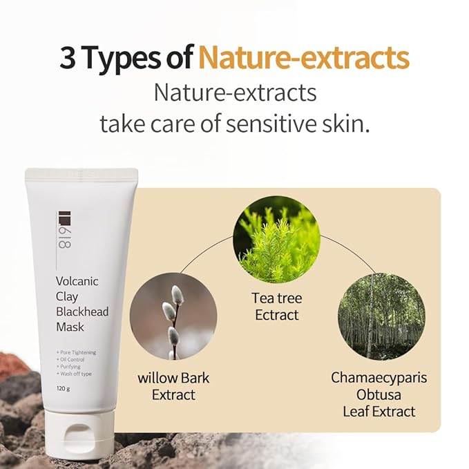 Volcanic Clay Blackhead Removal Mask for Oily Skin - Pore Tightening, Sebum Control, Skin Soothing K-Beauty Face Mask, 4.23oz