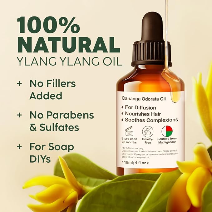 Kukka Ylang-Ylang Essential Oil for Diffuser & Skin - 4 Fl Oz - 100% Pure Natural Ylang Ylang Oil - Boasting a Long Lasting & Exotic Floral Scent fit for Hair, Aromatherapy & DIY Soap Making