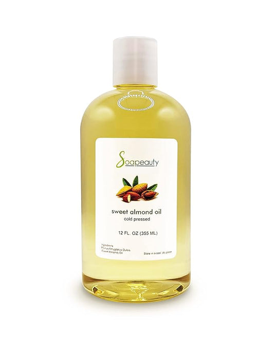 Soapeauty Sweet Almond Oil Cold Pressed Refined | 100% Pure Sweet Almond Oil Available in Bulk | Carrier for Essential Oils, Almond Oil for Skin, Face, and Hair, Soap Making | 12 fl oz
