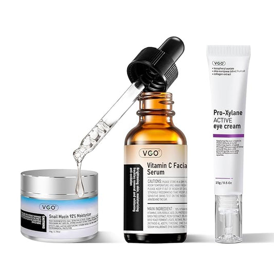 VGO Skin Care Set, with Snail Mucin 92% Moisturizer, Vitamin C Serum & Pro-Xylane Active Eye Cream, 3-Step Skin Care Kit, Day & Night Skincare Routine