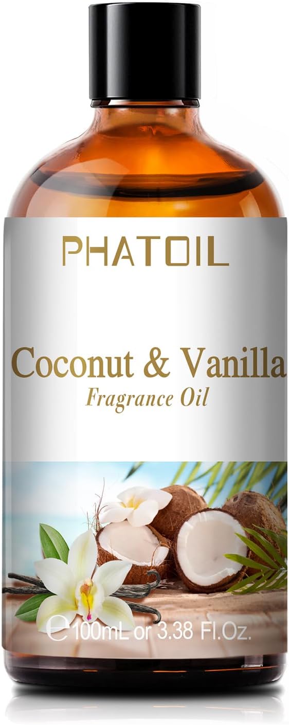 100ML/3.38fl.oz Coconut & Vanilla Fragrance Oils, PHATOIL Coconut & Vanilla Oil for Diffuser, Humidifier, Scented Oils for DIY Soap, Candle Making with Premium Glass Dropper