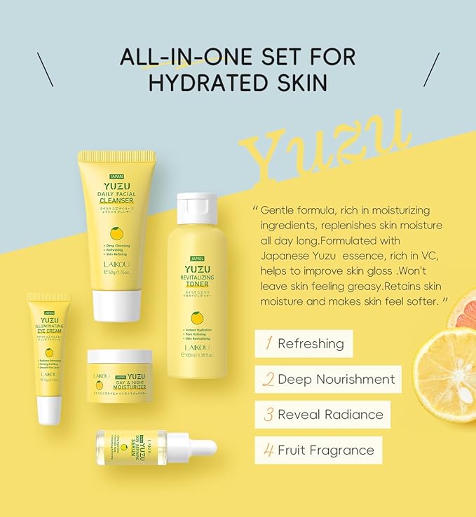 Grapefruit Skincare Set, 5-In-1 Skincare Gift Set With Facial Cleanser, Face Serum, Face Cream, Eye Cream, Moisturizing Toner Anti-Aging Skin Care Kit For Women Men