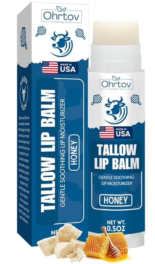 Beef Tallow Lip Balm – Natural Tallow Beeswax Chapstick – Hydrating Moisturizer Grass Fed Bison Tallow Balm Lip Care – Soothes Chapped, Dry Lips, Sensitive Skin – Long Lasting & Vitamin Rich USA-Made