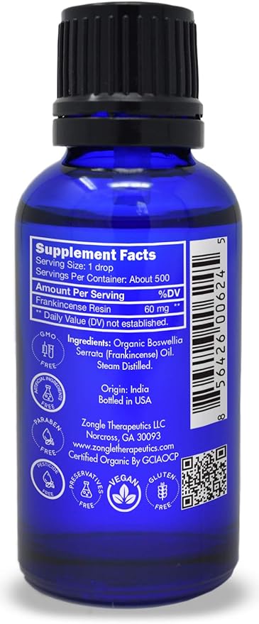 Organic, Frankincense Essential Oil, Food Grade, for Face, Pain Relief – 100% Pure, Frankincense, Resin, Oil, Boswellia Serrata, Edible, by Zongle Therapeutics, 1 OZ