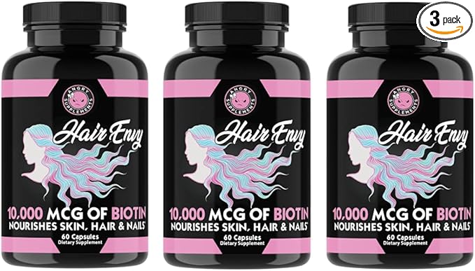 Angry Supplements Hair Envy 10,000 mcg Biotin + Keratin, Grow + Hydrate Hair, Strengthen Thicken Nails, Clear & Nourish Skin – Help Damaged Thinning Hair, (3-Bottles)