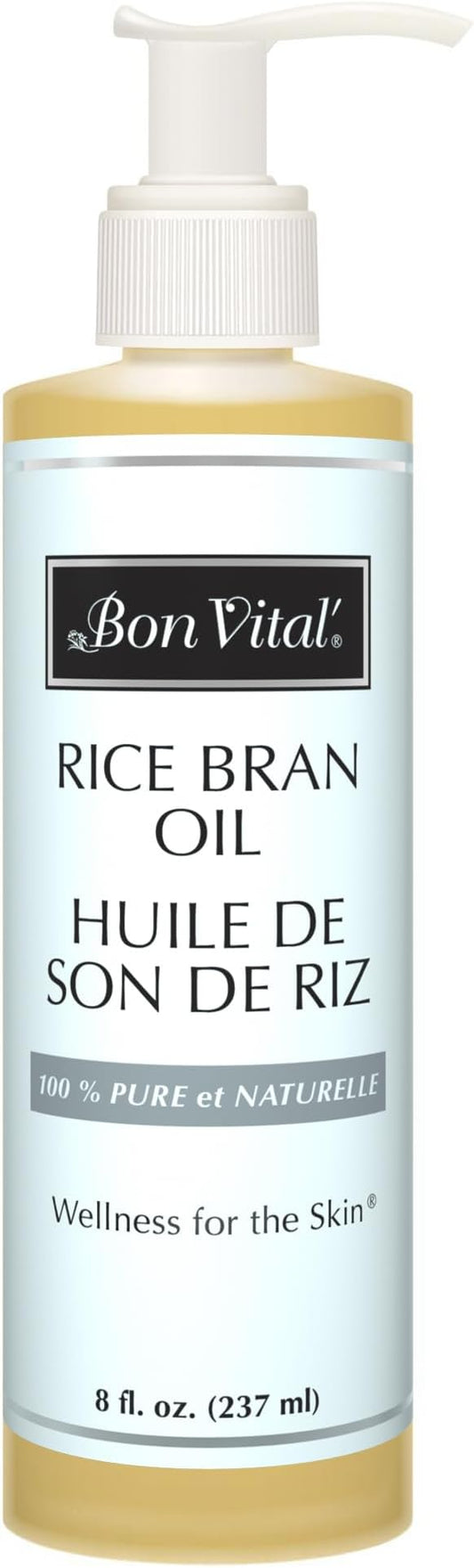 Bon Vital' Rice Bran Oil, 100% Pure and Cold Pressed Carrier Oils for Diffusers, Professional Massage Oil, Best Beauty Secret for Soft & Smooth Skin, Moisturizer, 8 Ounce Bottle