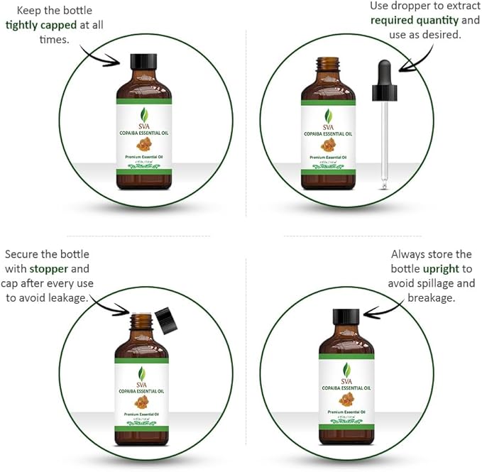 SVA Copaiba Essential Oil – 4 Fl Oz – 100% Natural Copaiba Oil - for Diffuser, Hair Care, Face, Skin Care, Aromatherapy, Scalp and Body Massage, Soap and Candle Making – with Dropper