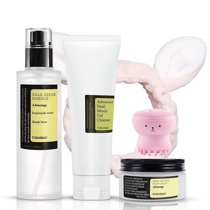 All About Snail Mucin Kit - Snail Korean Skincare 5-Pack, Snail Skin Care Products Set: Face Gel Cleanser, Snail Mucin Serum, Cream, Face Brush, Headband Facial Kit for Women & Hydrating & Anti-Aging