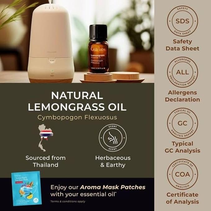 Gya Labs Lemongrass Essential Oil for Diffuser - 0.34 Fl Oz - 100% Pure Natural Lemongrass Oil for Hair, Skin, Herbaceous, Candle Making - Earthy & Zesty Scent