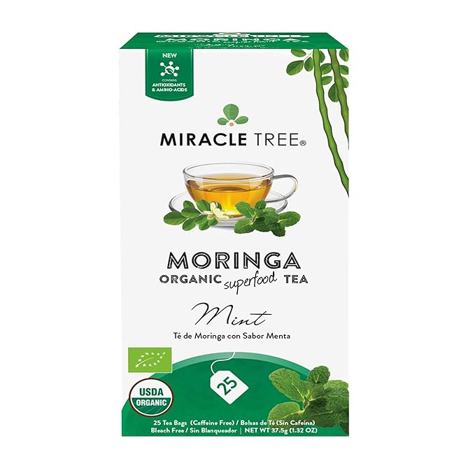 Miracle Tree - Organic Moringa Superfood Tea, 25 Individually Sealed Tea Bags, Mint (Keto, Detox, Energy & Immunity Booster, Vegan, Gluten-Free, Organic, Non-GMO, Caffeine-Free)