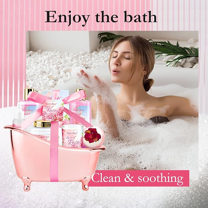 Mother's Day Gifts for Mom bath Gifts for Her Rose scents Mother Gift Bath Set for Women, Luxury Home Spa Kit Rose Bath Gift Basket, Includes Scents Lotion, Bath Bomb, Spa salts, Christmas Gift