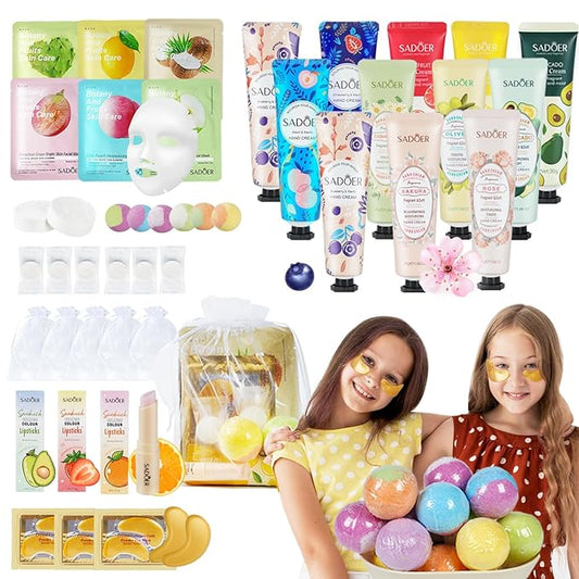 84 Piece Girls Spa Party Supplies Set, Face Masks, Hand Creams, Eye Patches, Bath Bombs, Lip Balms, 12 Person Kit