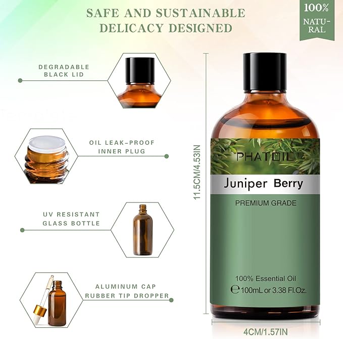 Juniper Berry 3.38fl.oz Essential Oil, PHATOIL Pure Aromatherapy Oils for Diffuser, Humidifier, Perfect for DIY Soap, Candle, Bath Bombs Making(100ml)