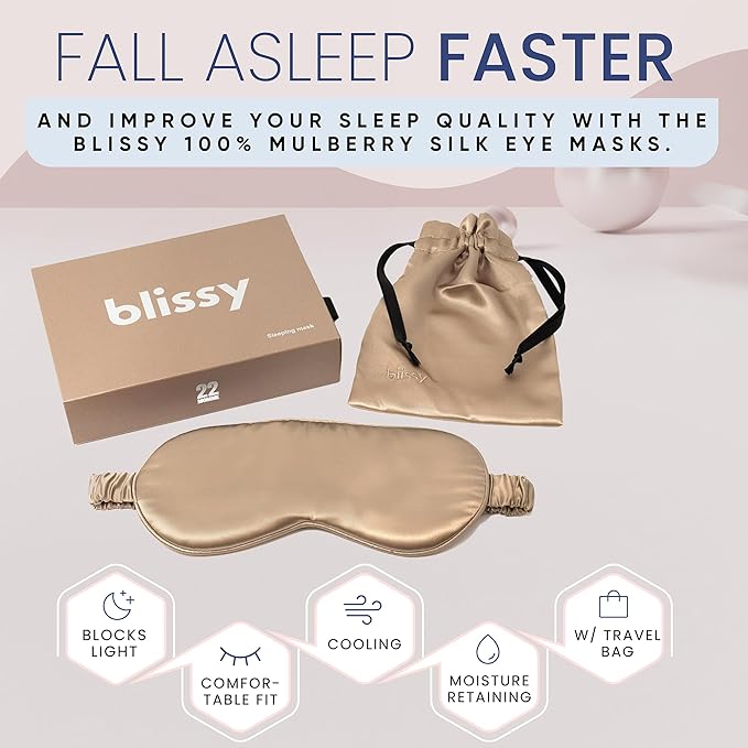 Blissy Silk Sleep Mask - Eye Sleeping Mask for Women & Men for Total Blackout - 100% Pure Mulberry Silk, 22 Momme 6a Fibers - Blindfold Sleep Mask Side Sleeper Eye Cover (Taupe)
