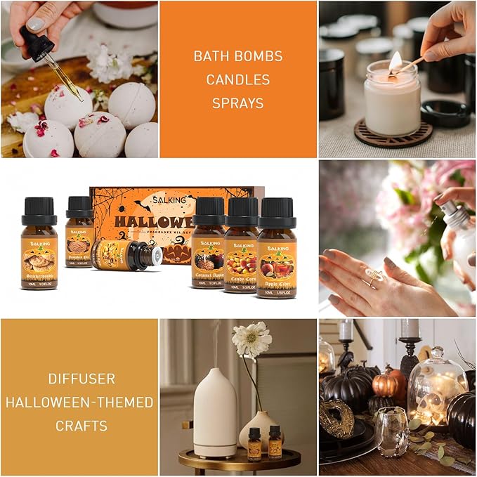 SALKING Halloween Fragrance Oils, Premium Essential Oils for Diffuser, Scented Oils Gift Set for Soap Candle Making - Pumpkin Pie,Caramel Apples,Candy Corn, Snickerdoodle, Caramel Corn, Apple Cider