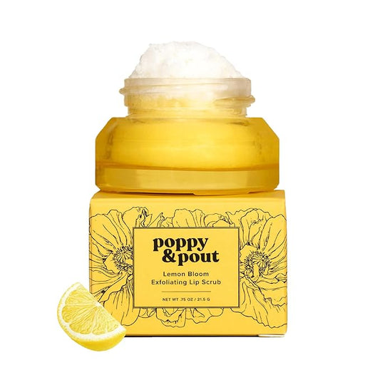 Poppy & Pout Natural Lip Scrub, Moisturizing Sugar Scrub for Dry Lips, Lip Scrubber Exfoliator with Essential Oils Smooths and Hydrates Lips, In Recyclable Glass Jars, Cruelty Free - Lemon Bloom