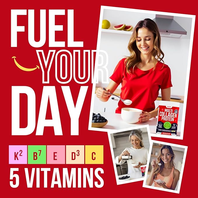 Multi Collagen Peptides with Probiotics + Type I, II, III, V, X + Hydrolyzed Collagen Powder with Vitamin C+D3+B7+K2+E Hyaluronic Acid, Supports Skin Hair Nail & Joint, Grass-Fed, Non-GMO