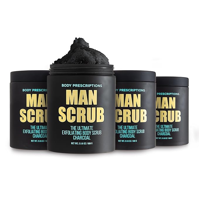 Body Prescriptions Men’s Exfoliating Body Scrub – Ultimate Skin Cleansing Wash in Jar with Twist-Top Lid, For All Skin Types, 21 Ounce (Pack of 4), Charcoal
