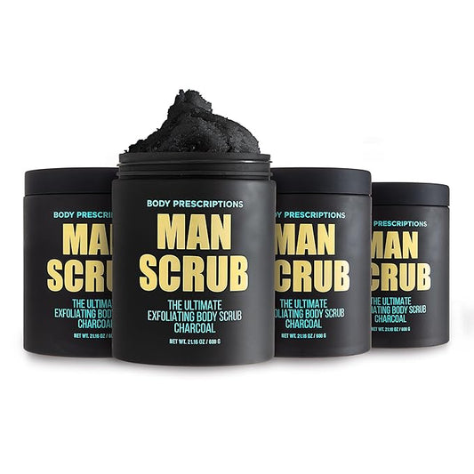 Body Prescriptions Men’s Exfoliating Body Scrub – Ultimate Skin Cleansing Wash in Jar with Twist-Top Lid, For All Skin Types, 21 Ounce (Pack of 4), Charcoal