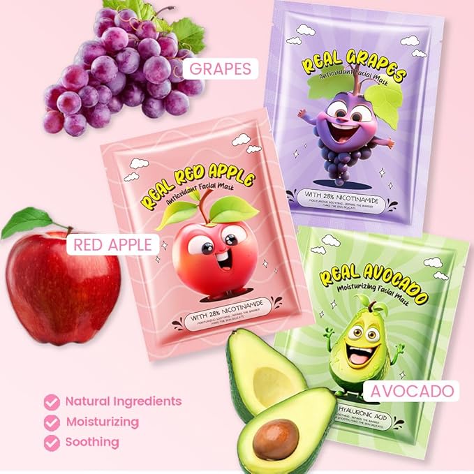 Kaely 10 Pack Fruit Face Masks for Kids, Kids Face Mask Spa Day kit Supplies, Spa Party Favors for Teens Girls Women, Sheet Facial Mask Skincare Gifts Set, Moisturize Soothe for All Skin Types, 04