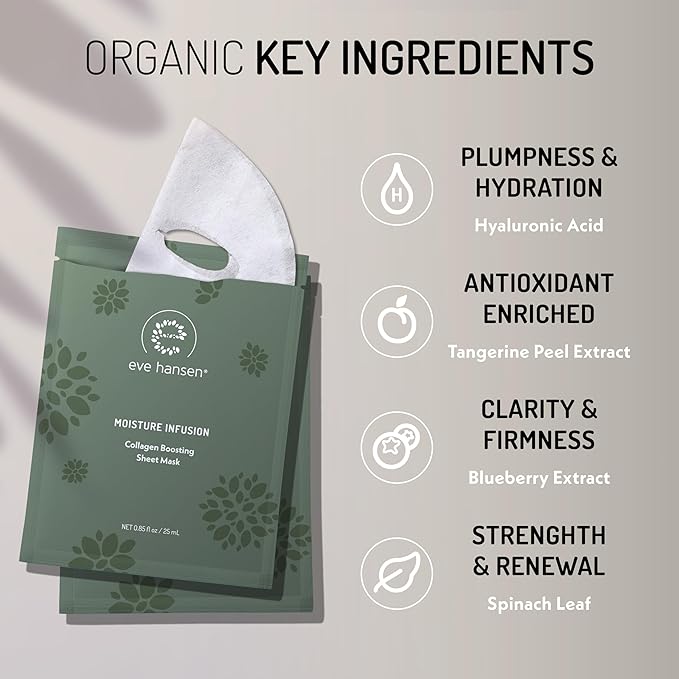 Eve Hansen Skincare Duo: Organic Rose Water Spray (8 oz) & Collagen Face Mask Sheets (Set of 5) – Hydrating & Soothing Care with Hyaluronic Acid & Botanical Extracts – Set of 2 Products
