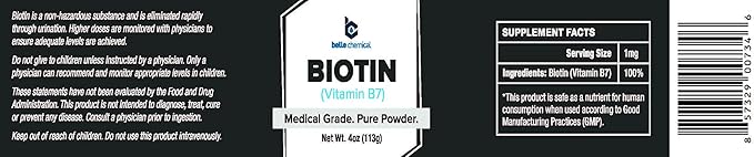 Belle Chemical Biotin (Vitamin B7) Pure Powder 4oz (113g) Hair, Nails, Metabolism, Cell Growth