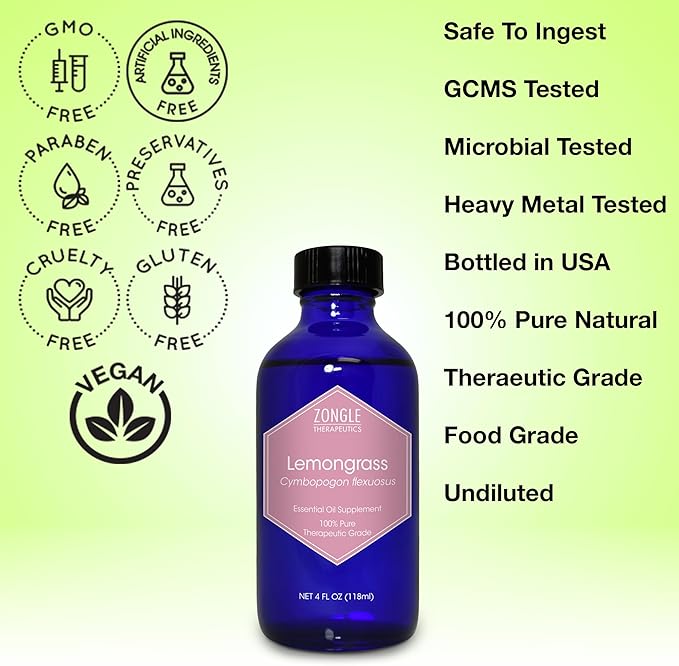 Lemongrass Essential Oil, Food Grade, Edible – 100% Pure, Lemongrass Oil,by Zongle Therapeutics, 4 OZ